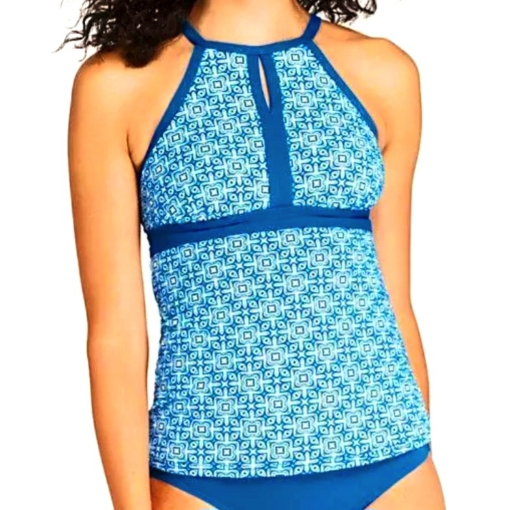 Lands' End Keyhole High Neck Tankini Top Fresh Boreal Blue Tile Print Petite 2P